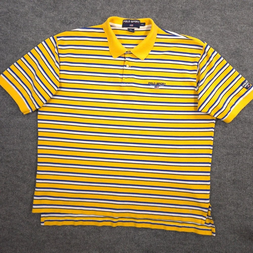 Ralph Lauren Polo Sport Polo Shirt Mens XXL Yellow Blue Striped Pique Knit Retro
